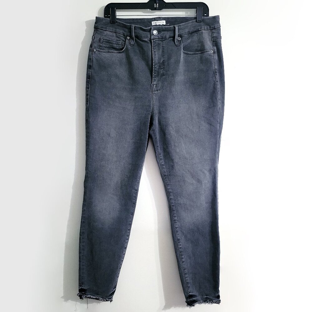 Good American Women Good Legs High Rise Jeans Size 16 Raw Hem Black Wash Cropped